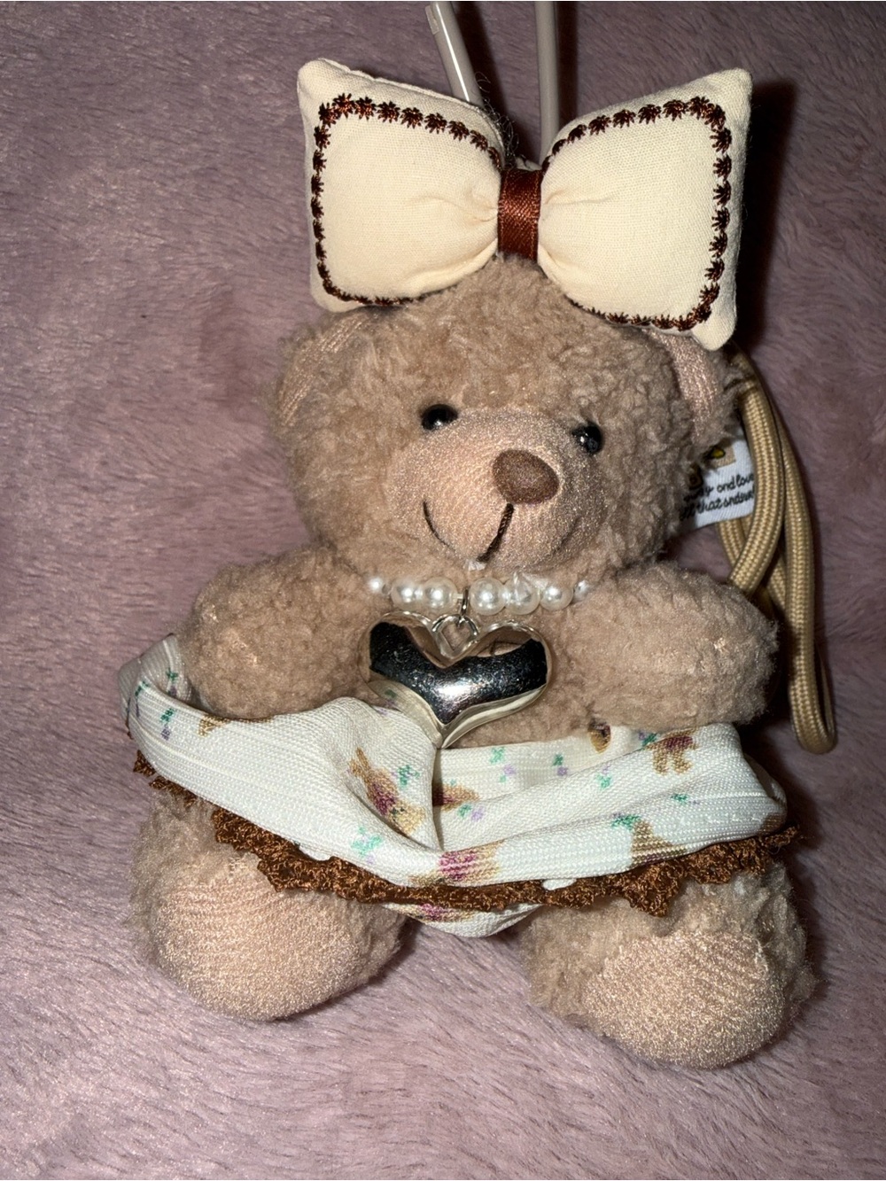 🍐 New Bag Charm Plush Bear Keychain Charm with Cream Bow Pearl Heart Necklace